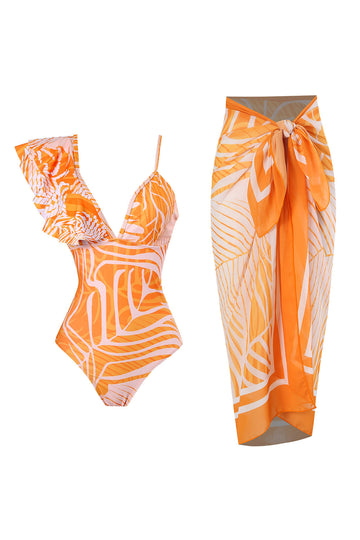 Orange Printed V Neck 2-Piece Swimwear with Ruffles